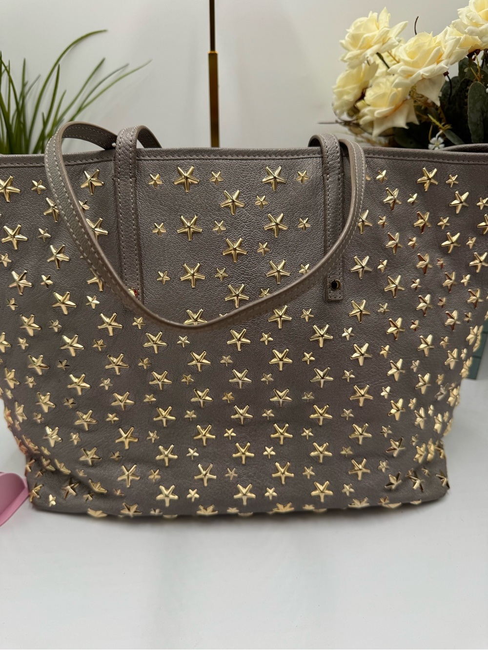 Jimmy Choo Gray Leather Star Studded Tote Bag | Sasha Medium Shopper - Picture 2 of 10